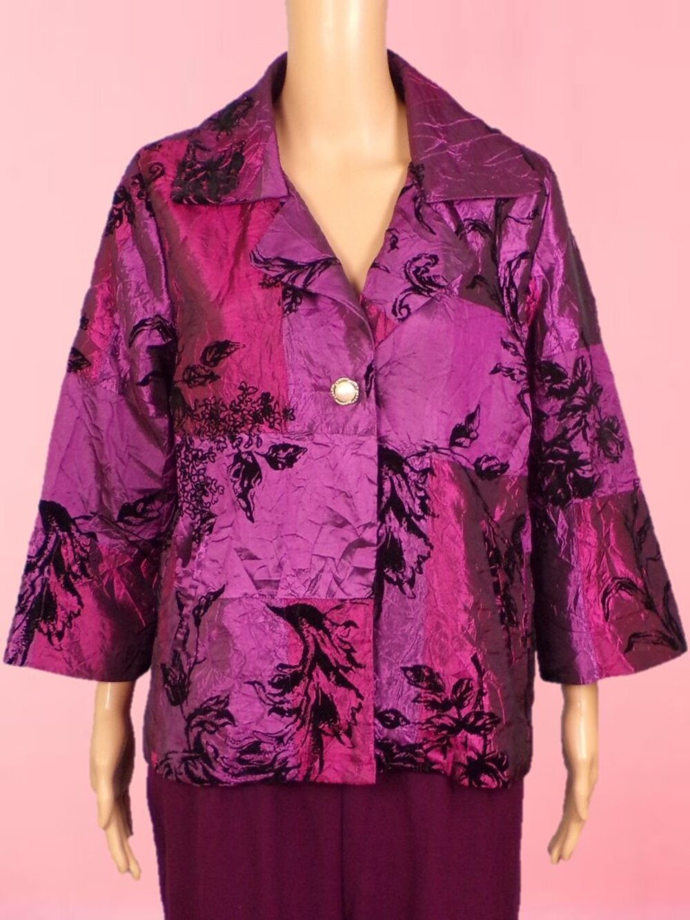 SUSAN GRAVER STYLE size L burgundy satin/black velvet floral blazer 100% polystr